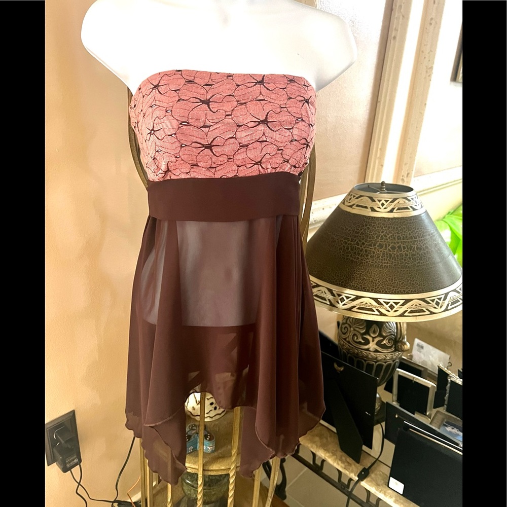 Flowy Chocolate Sheer Strapless Top/Dress Rose Floral Lace Top